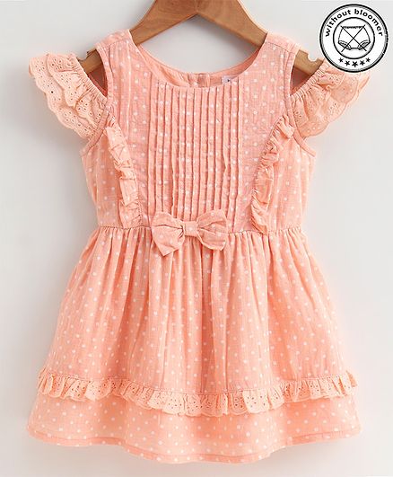 Babyoye Cotton Cold Shoulder Frock Dot Print - Peach