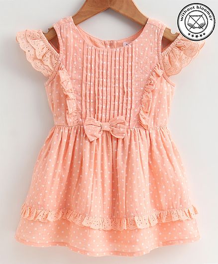 Babyoye Cotton Cold Shoulder Frock Dot Print - Peach