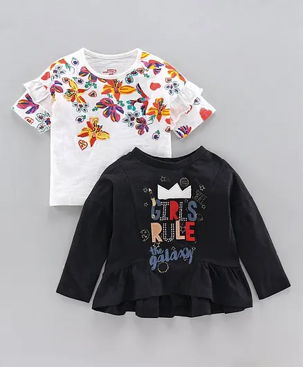 Under Fourteen Only Pack Of 2 Full Sleeves Girl Rule Print Detailing Tops - Black & Off White