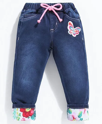 Babyhug Full Length Jeans Floral Print - Dark Blue