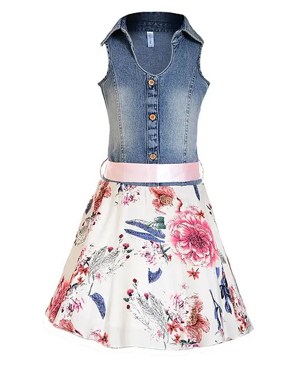 Naughty Ninos Sleeveless Floral Print Shirt Dress - Light Blue