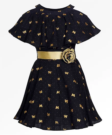 Naughty Ninos Half Sleeves Glittery Butterfly Printed Dress - Black