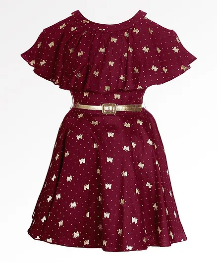 Naughty Ninos Half Sleeves Glittery Butterfly Printed Dress - Maroon