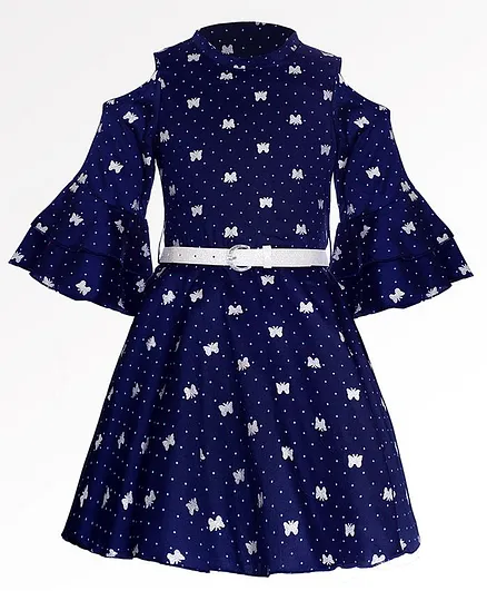 Naughty Ninos Three Fourth Sleeves Glittery Butterfly Printed Dress - Dark blue
