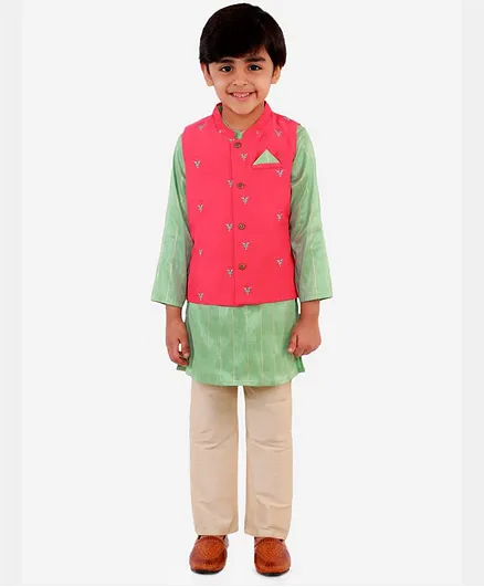 Lil Peacock Full Sleeves Kurta With Pyjama & Embroidery Jacket Set - Green