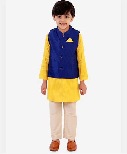 Lil Peacock Full Sleeves Kurta With Pyjama & Self Design Jacket Set - Yellow