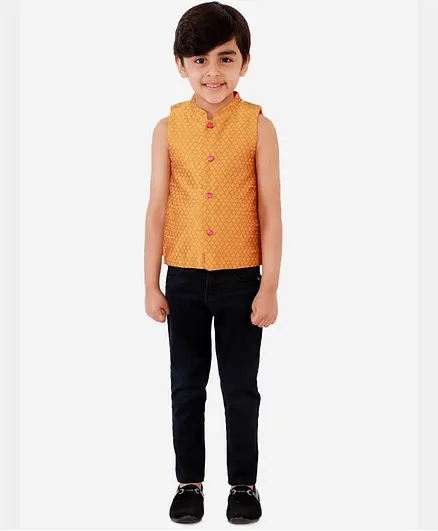 Lil Peacock Sleeveless Motif Design Jacket - Mustard