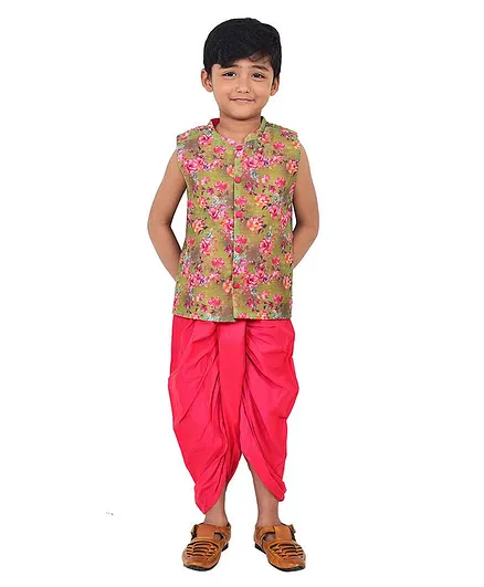 Lil Peacock Chanderi Sleeveless Jacket With Dhoti - Green