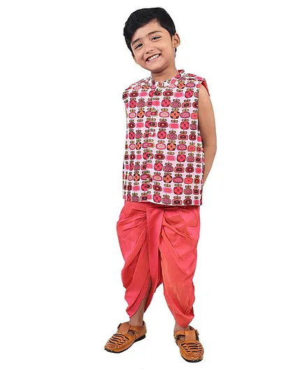 Lil Peacock Chanderi Sleeveless Jacket With Dhoti - Red