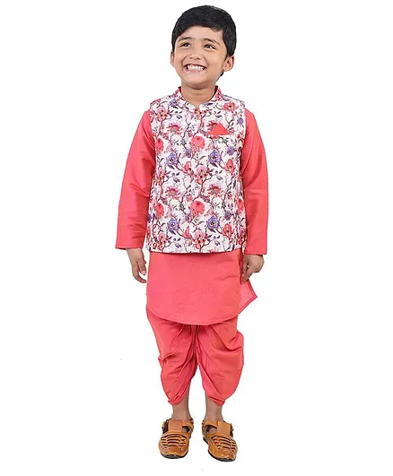 Lil Peacock Full Sleeves Kurta Dhoti With Floral Printed Jacket - Peach