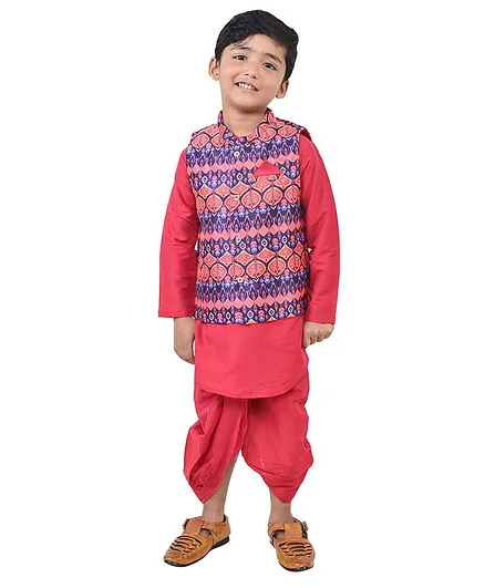 Lil Peacock Full Sleeves Kurta With Dhoti & All Over Printed Jacket - Peach