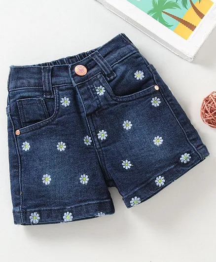 Babyhug Mid Thigh Length Shorts Floral Embroidery - Blue