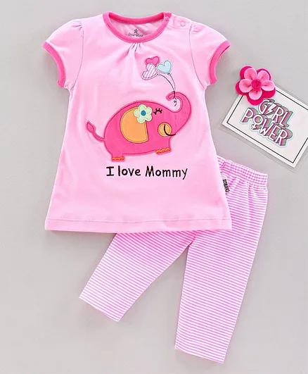 Child World Half Sleeves Frock with Leggings Elephant Patch - Pink