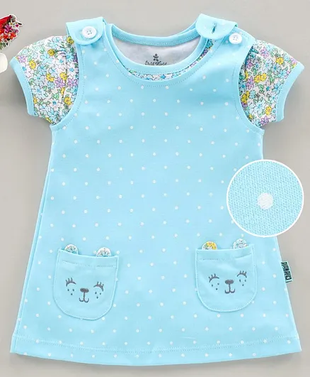 Child World Polka Dotted Frock with Half Sleeves Inner Tee Floral Print - Blue