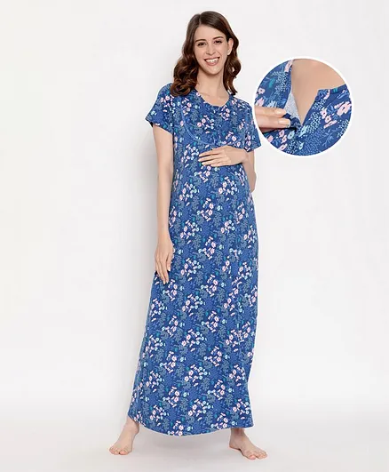 Bella Mama Half Sleeves Maternity Nighty Flloral Print - Blue