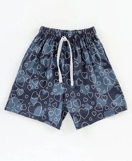 Doreme Mid Thigh Length Cotton Shorts Heart Print - Navy Blue