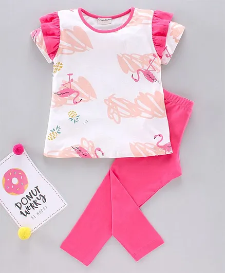 CrayonFlakes Cap Sleeves Flamingo Print Top With Leggings - Pink