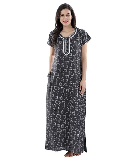 Piu Half Sleeves Flower Print Nighty - Grey