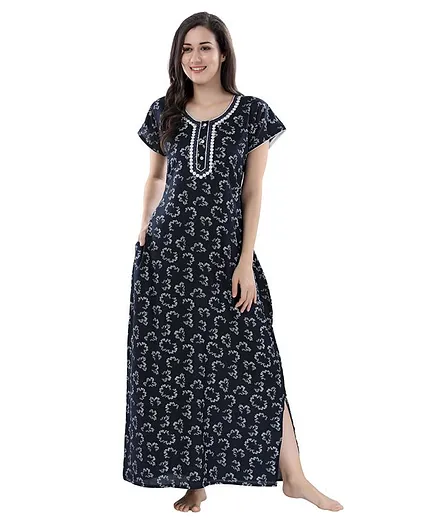 Piu Half Sleeves Flower Print Nighty - Blue