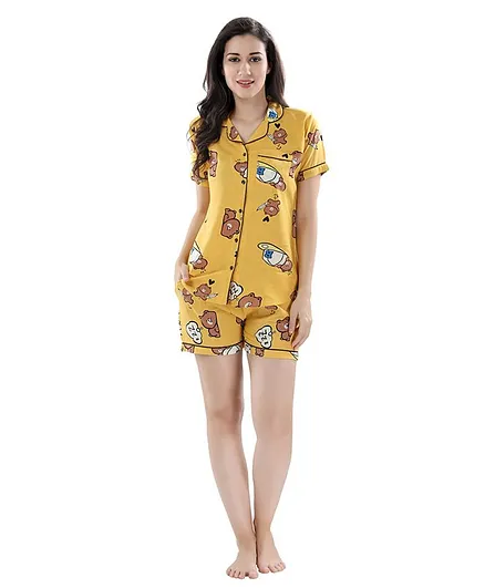 Piu Half Sleeves Teddy Print Night Suit Set - Yellow