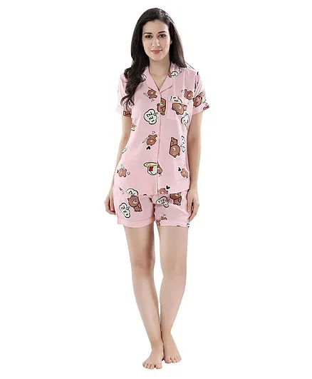 Piu Half Sleeves Teddy Print Night Suit Set - Pink
