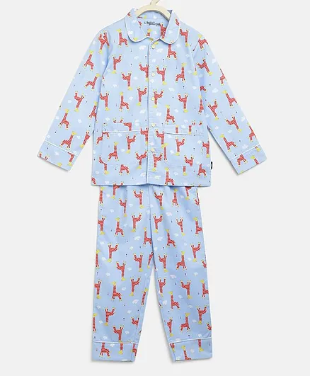 Li'L Tomatoes Full Sleeves Giraffe Print Night Suit With A Surprise Gift - Sky Blue