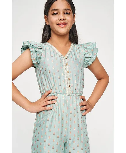 Global Desi Girl Short Sleeves Motif Print Three Fourth Length Jumpsuit - Blue