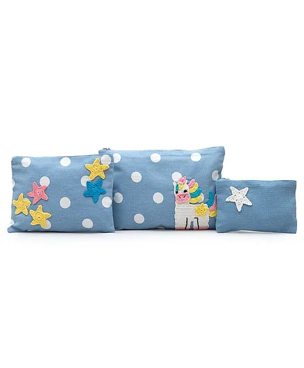 Happy Threads Cotton Pouch with Hand Made Animal Crochet Pack of 3 - Blue