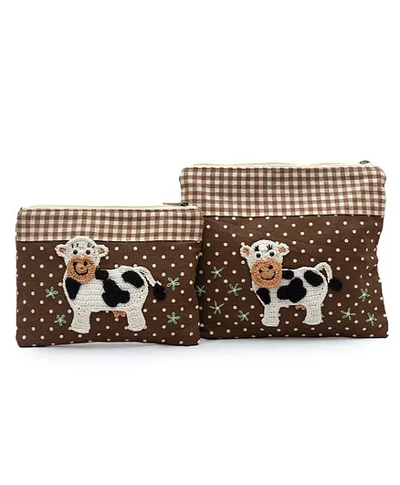 Happy Threads Cotton Pouch with Hand Made Cow Crochet Pack of 2 - Brown