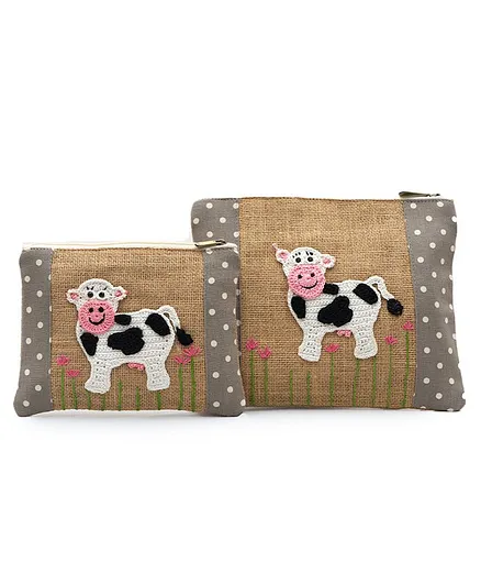 Happy Threads Cotton Pouch with Hand Made Cow Crochet Pack of 2 - Brown Grey