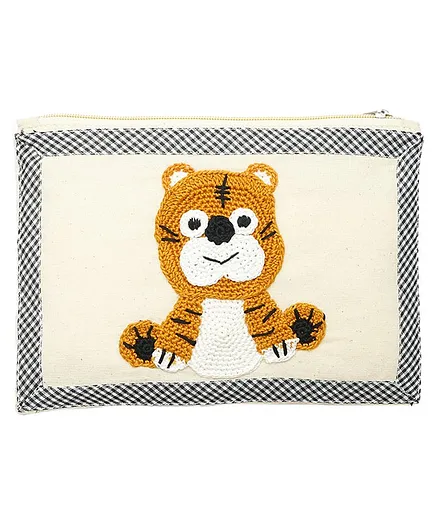 Happy Threads Cotton Pouch with Hand Made Tiger Crochet - White