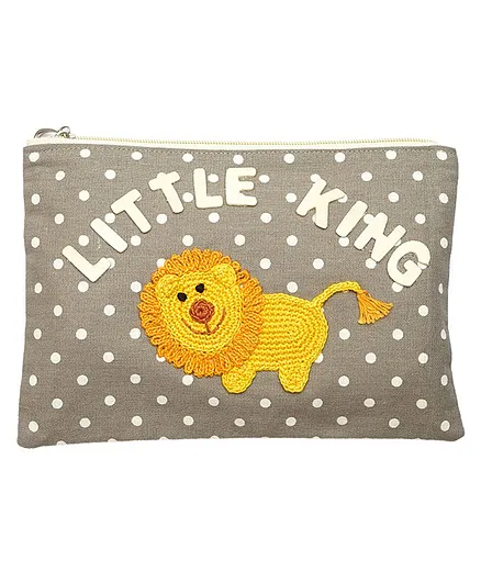 Happy Threads Cotton Pouch with Hand Made Lion Crochet - Grey