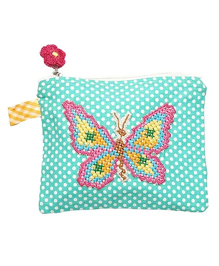 Happy Threads Cotton Pouch with Hand Made Butterfly Crochet - Blue