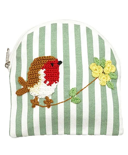Happy Threads Cotton Pouch with Hand Made Bird Crochet - Green