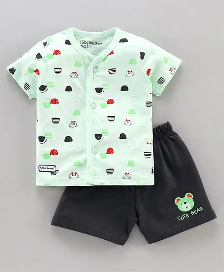 Little Darling Half Sleeves Tee with Shorts Teddy Print - Green