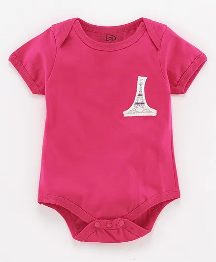 Little Darling Short Sleeves Onesie Eiffel Tower Embroidery - Fuchsia