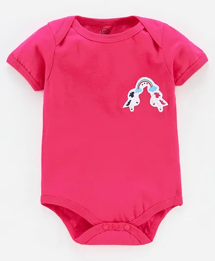 Little Darling Short Sleeves Onesie Unicorn Embroidery - Fuchsia