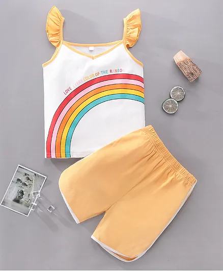 Kookie Kids Sleeveless Tee & Shorts Set Rainbow Print - Orange