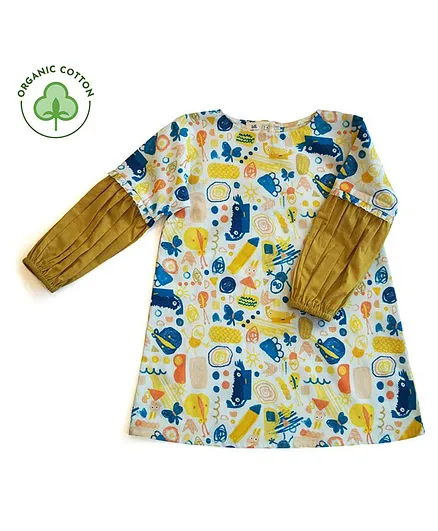 Miko Lolo Organic Cotton Full Sleeves All Over Abstract Printed Dress - Multi Colour