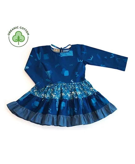 Miko Lolo Organic Cotton Full Sleeves Floral & Heart Print Tiered Dress - Blue