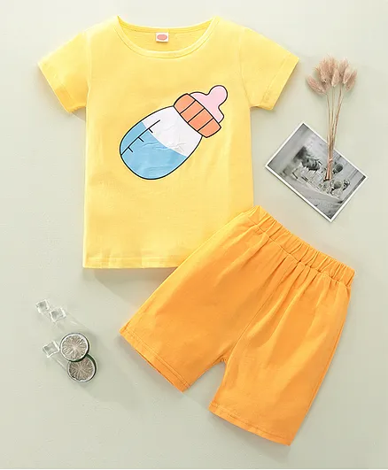 Kookie Kids Half Sleeves Night Suit Milk Bottle Print - Yellow