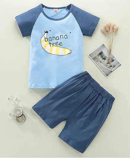 Kookie Kids Half Sleeves Night Suit Banana Print - Blue