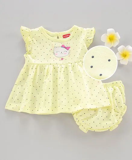 Babyhug Sleeveless Frock With Bloomer Kitty Print - Yellow