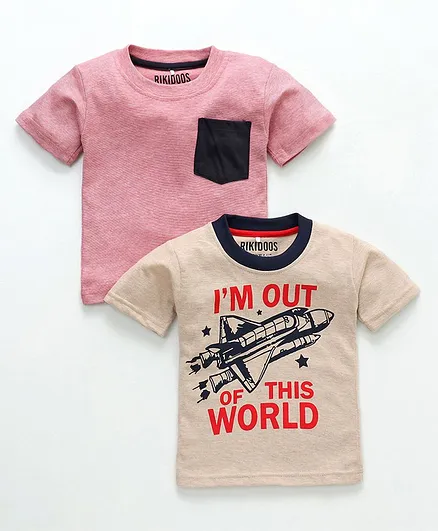 Rikidoos Printed Pack Of 2 Half Sleeve Tee - Peach Beige