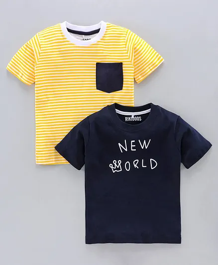 Rikidoos Pack Of 2 Half Sleeves New World Print T-Shirts - Black & Yellow