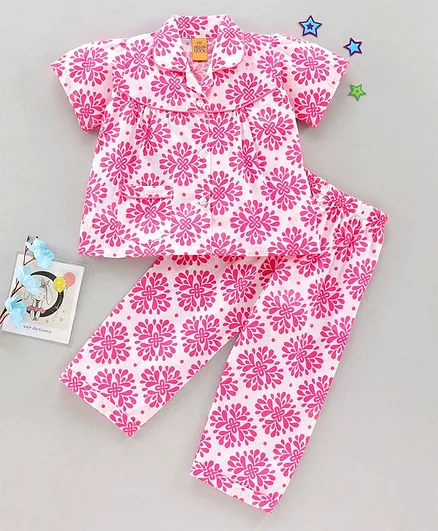Yellow Duck Half Sleeves Night Suit Floral Print - Pink