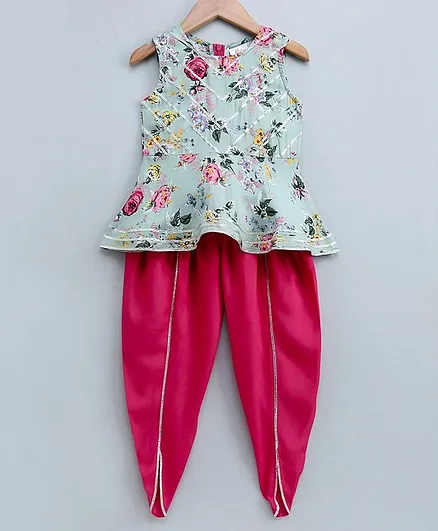 Pspeaches Sleeveless Floral Print Top & Dhoti - Green