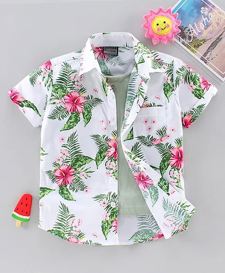 Rikidoos Half Sleeves Hibiscus Printed Shirt With Attached Tee - White & Green