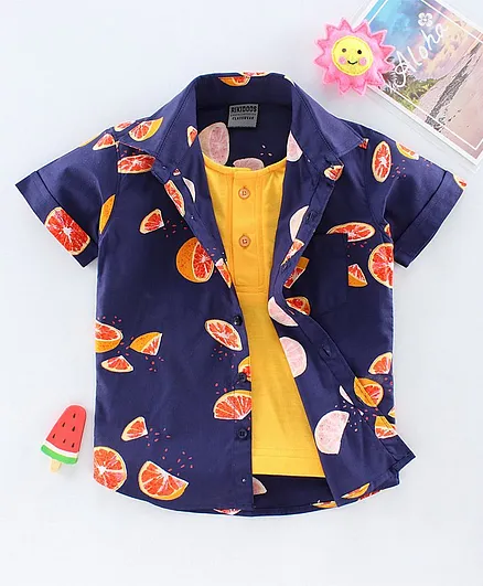 Rikidoos Half Sleeves Fruit Printed Shirt With Attached Tee - Navy Blue