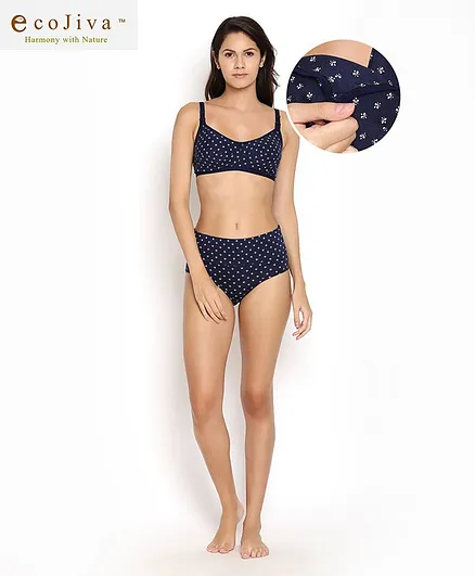 Bella Mama Printed Bra Panty Set Floral Print - Navy Blue